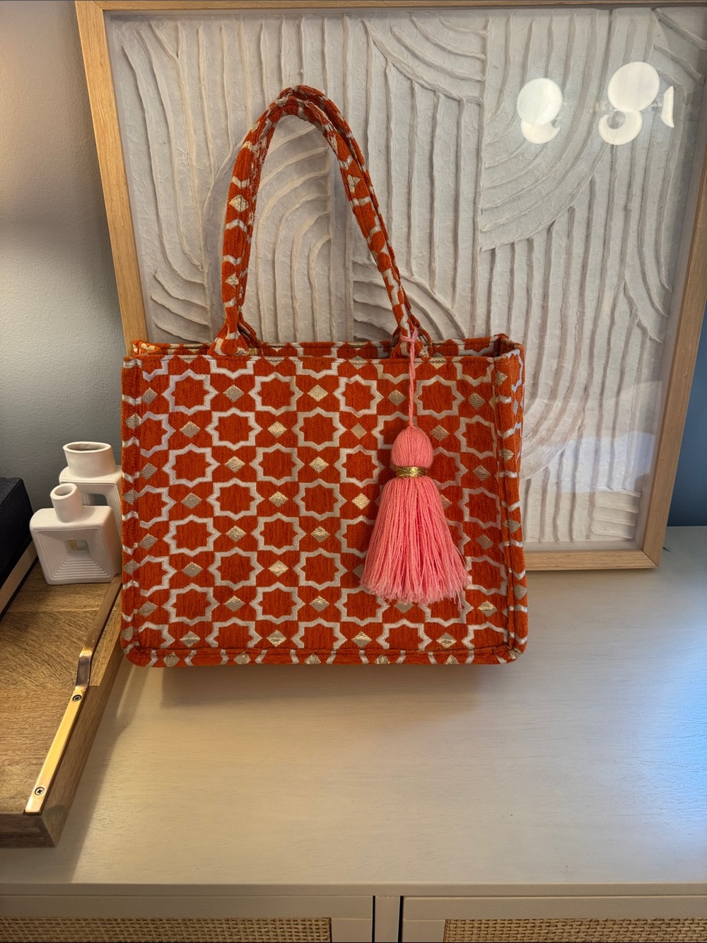 Moroccan Orange Patterned Tote Bag with Pink Tassel